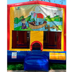 This bounce house is available in 15'x15' or 13'x13' and both have a basketball hoop inside.