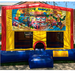This bounce house is available in 15'x15' or 13'x13' and both have a basketball hoop inside.