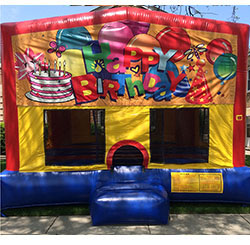 This bounce house is 15'x15' and has basketball hoop inside.