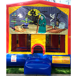 This bounce house is available in 15'x15' or 13'x13' and both have a basketball hoop inside.