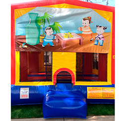 This bounce house is available in 15'x15' or 13'x13' and both have a basketball hoop inside.