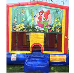 This bounce house is available in 15'x15' or 13'x13' and both have a basketball hoop inside.