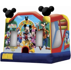 This combo is 20'x20' Has a bounce area, basketball hoop and a slide.