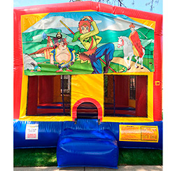 This bounce house is available in 15'x15' or 13'x13' and both have a basketball hoop inside.