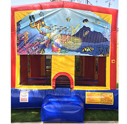 This bounce house is available in 15'x15' or 13'x13' and both have a basketball hoop inside.