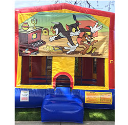 This bounce house is available in 15'x15' or 13'x13' and both have a basketball hoop inside.
